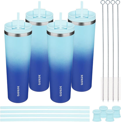 BJPKPK 4 Pack Tumbler with Lid and Straw,30oz Insulated Tumblers Bulk Reusable Travel Coffee Mug, Dishwasher Safe Double Wall Vacuum Insulated Cup Gift for Men Women,Light Blue Leopard