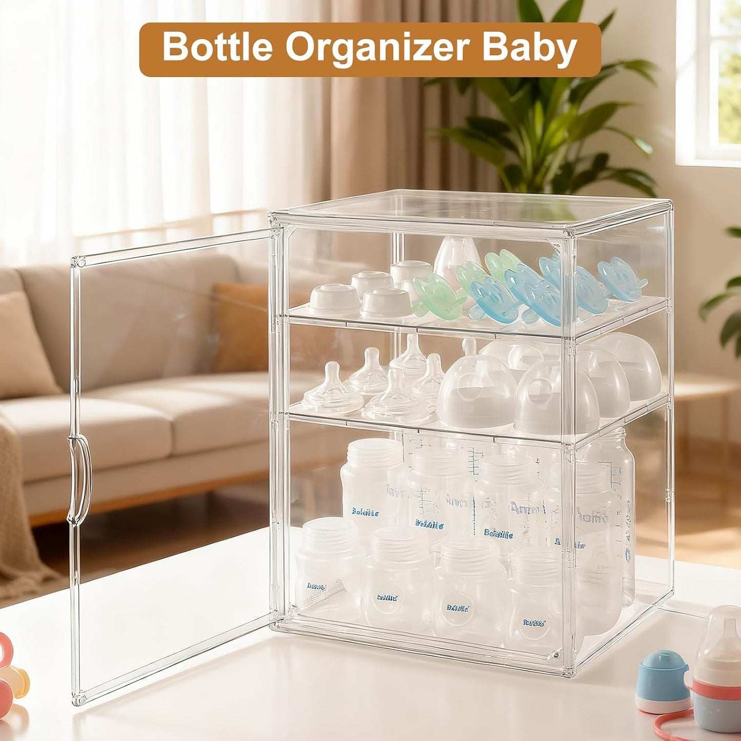 ERTIUANIO Baby Bottle Organizer – 3 Tier Bottle Storage Organizer Baby for Nipples, Pump Parts, Food Jars – Clear Acrylic Bottle Station Organizer for Countertop and Kitchen, Gifts for New Mom