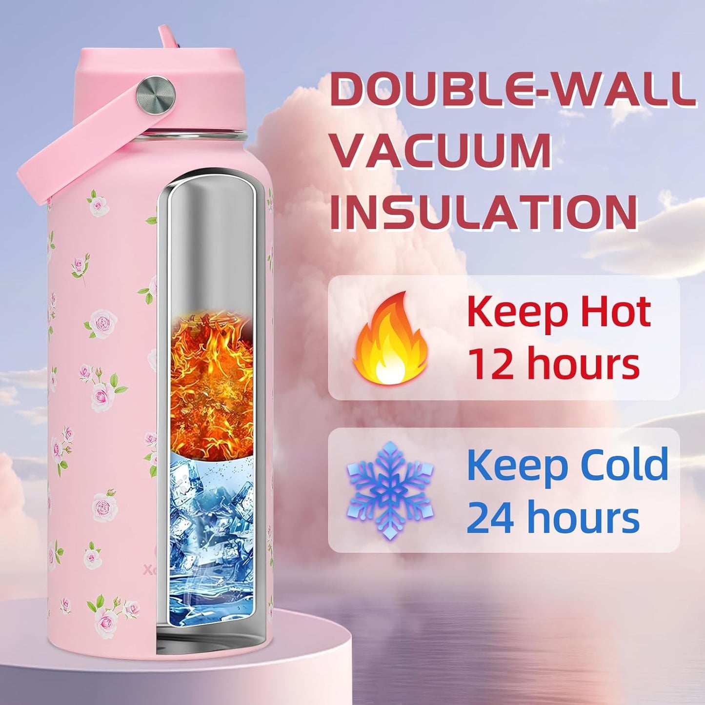 32oz Pickleball Insulated Water Bottle with Lid,Stainless Steel Water Bottl with Flip Straw and Handle,Gifts for Pickleball Players, Pickleball Lovers,Women Girls,Leak Proof Water Bottle