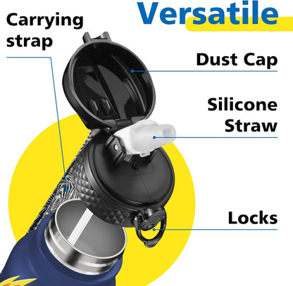 Han's Bottle Sports Water Bottle - 24 Oz, Straw Lid, Leak Proof, Vacuum Insulated Stainless Steel, Double Walled, Thermo Mug,Black