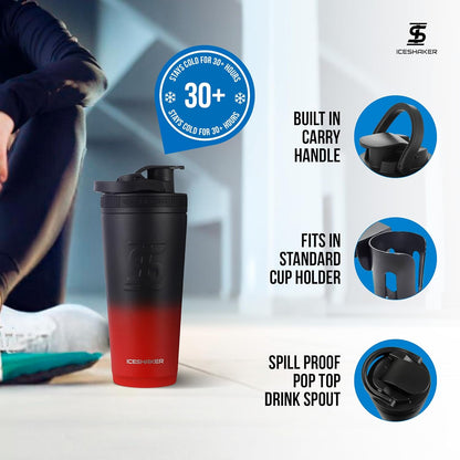Ice Shaker Insulated Stainless Steel Shaker Bottle | 26oz, Black | Cold for 30+ Hours | Insulated Cup with Twist-on Agitator | Odor-Free Bottle for Protein Shakes, Water, Smoothies, Cocktails