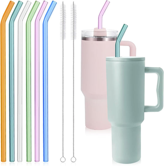 Replacement Glass Straws for Stanley 40 30 oz Tumbler - 12" x 10mm Reusable Glass Straw Shatter Resistant for Simple Modern, 6 Bent Colorful Straws with 2 Cleaning Brushes for Stanley Cup Accessories