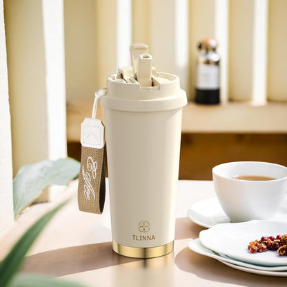 [2-IN-1 LID] Travel Mug,Coffe mug,Coffe cup,Ceramic coating Lined,316 Stainless Steel,BPA Free,Vacuum Insulated Tumbler for Water, Iced Tea or Coffee, Smoothie and More (Peony-White, 18 Onuces)