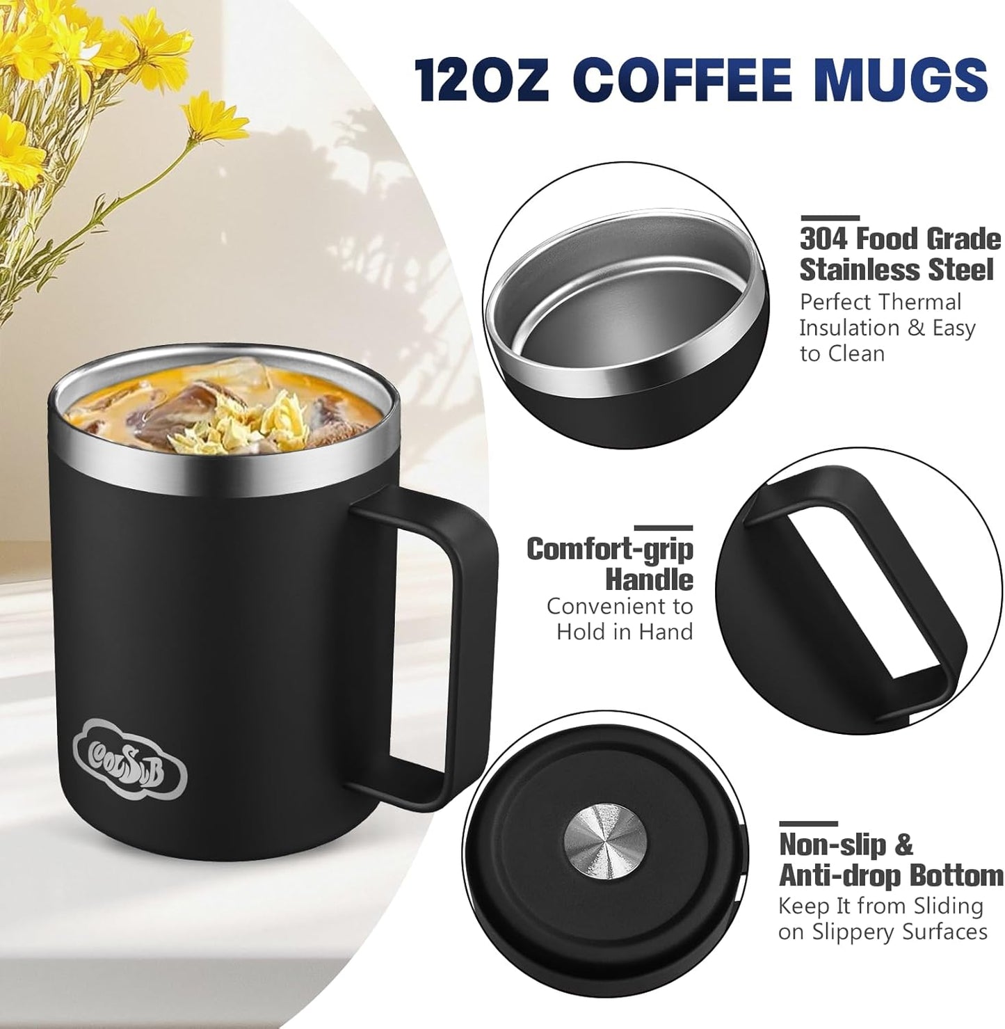 12oz Insulated Coffee Mug with Handle, Stainless Steel Wide Mouth Travel Tumblers with Lid, Double Wall Vacuum Coffee Cup for Camping, Office, Army Green 4 Pack