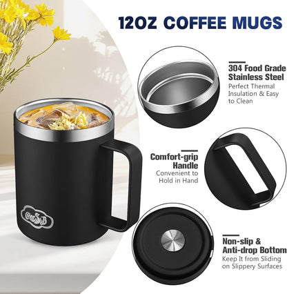 12oz Insulated Coffee Mug with Handle, Stainless Steel Wide Mouth Travel Tumblers with Lid, Double Wall Vacuum Coffee Cup for Camping, Office, Army Green 4 Pack