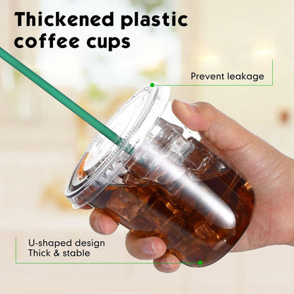 Baderke 25 Set Plastic Cups with Lids and Straws, Disposable Plastic Iced Coffee Cup for Cold Beverage Juice Smoothie Crystal for Coffee Shops Party Catering(Clear,16 oz)