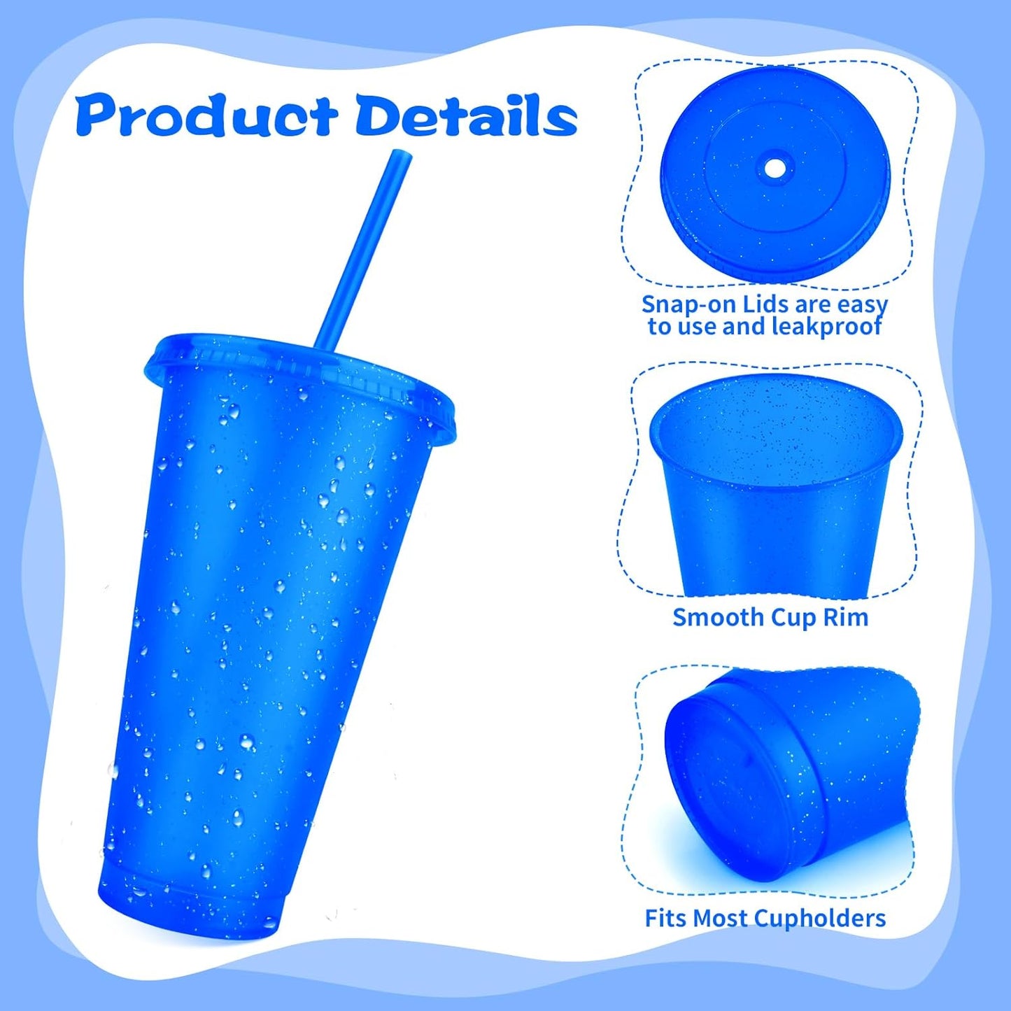 Hxezoc 16-Piece Reusable Cups with Lids and Straws, 24 oz Glitter Plastic Tumbler Iced Coffee Cups Travel Mug Cup for Smoothie Juices Beach or Bachelor Party (Black)