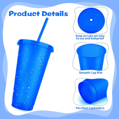 Hxezoc 16-Piece Reusable Cups with Lids and Straws, 24 oz Glitter Plastic Tumbler Iced Coffee Cups Travel Mug Cup for Smoothie Juices Beach or Bachelor Party (Black)