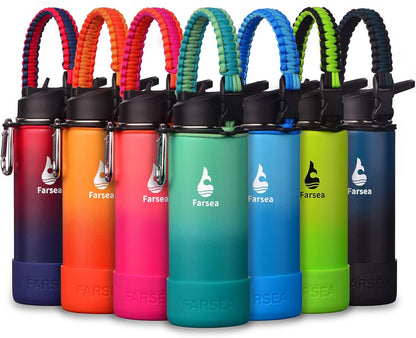 Farsea Insulated Water Bottle With Paracord Handle, Protective Silicone Boot and 2 Lids (Straw Lid & Spout Lid), Stainless Steel Water Bottle Wide Mouth, Double Wall Sweat-Proof BPA-Free, 24 oz