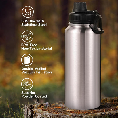 Neihepal 32 oz Insulated Water Bottle with 2 Lids (Straw & Spout Lid), 18/8 Stainless Steel Double Wall Water Bottles for Gym, Travel, Camping, Sports (Silver,1 Pack)