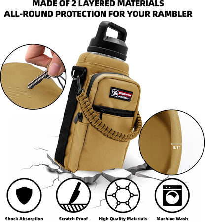 NATURE PIONEOR Water Bottle Holder with Adjustable Strap - 26/32/36/40/46/64oz Insulated Water Bottle Sling Carrier with Paracord Handle & 2 Pockets, Outdoor Sports, Hiking, Camping, Gym