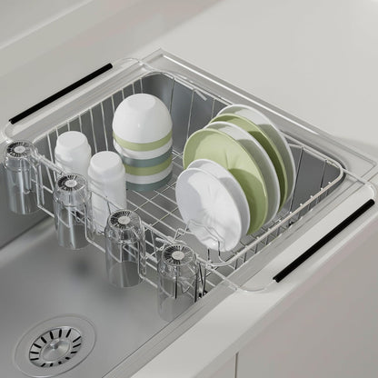 12 Inch Stainless Steel Cup Drying Rack with 4 Hooks, Kitchen Mug Holder Organizer for Glasses, Baby Bottles, Travel Mugs, Dishwasher Safe Kitchen Drainage Basket