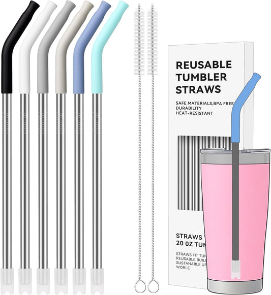 40 oz Straight Metal Straws for 40 oz Stanley Tumbler, 6 Pcs Stainless Steel Reusable Drinking Metal Straw with Colourful Silicone Tips,Straw for Glass Cups, BPA FREE
