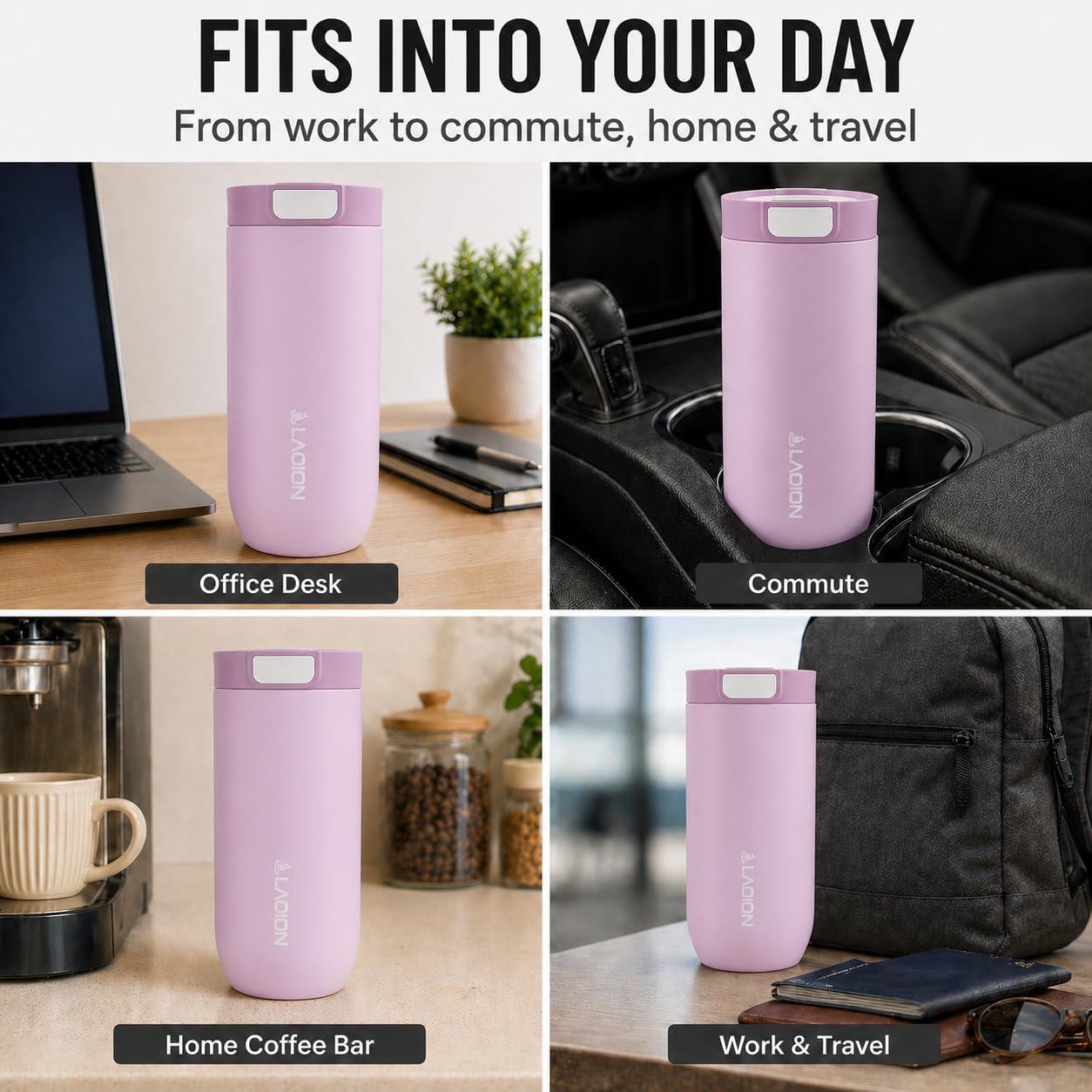 LAOION 17 oz Insulated Coffee Tumbler, Stainless Steel Travel Coffee Mug with Slider Lid, Reusable Iced Coffee Cup for Office, Car, Commute, Gray