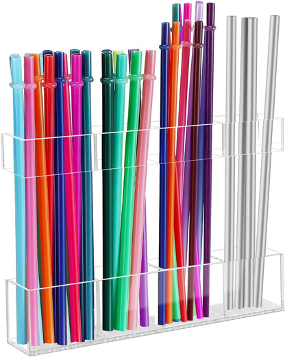 Malldii 9.5" Large Acrylic Straw Holder for Cabinet Door - Reusable Tumbler Straw Organizer Storage, Small Kitchen Accessories Container, Ultra Sticky Cupboard Door Mounted (Transparent)