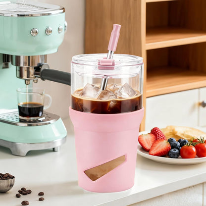 Glass Tumbler with Lids and Straws, 20 oz Iced Coffee Cup and Smoothie Cup with Bamboo Lid and On the go Lid,Glass Cups With Straws