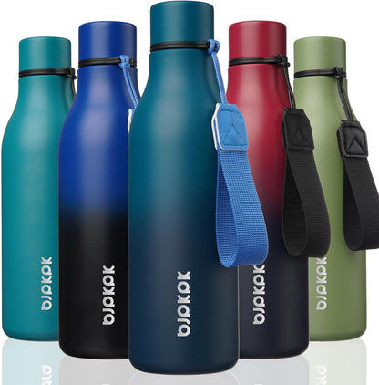 BJPKPK Insulated Water Bottles, 18 oz Stainless Steel Metal Water Bottle with Strap, BPA Free Leak Proof Jugs, Mugs, Flasks, Reusable Thermal Flasks for Sports & Travel, Black - Colors B