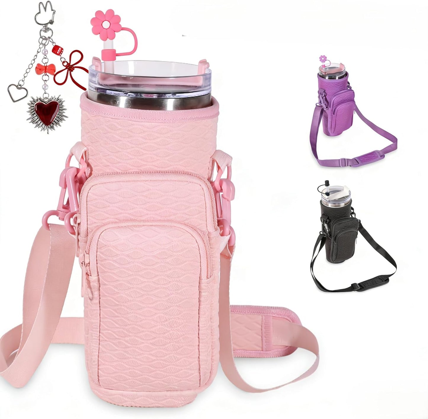 &And Per Se Water Bottle Shoulder Bag with Phone Pocket, Compatible with Stanley 30oz Tumblers - Neoprene Carrier with Adjustable Strap & Charm Accessory (Black)