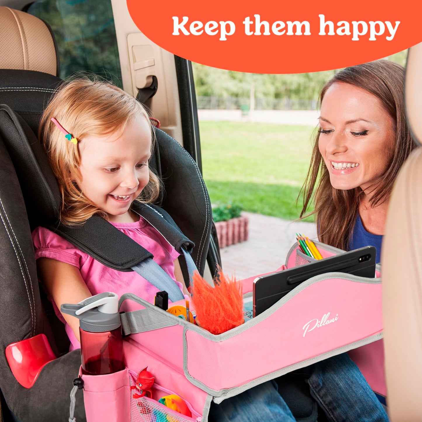 PILLANI Kids Travel Tray for Car - Car Seat Tray with Activity Sheets & Pens, Road Trip Essentials for Car & Airplane, Must Have Toddler Travel Lap Desk Accessories - Road Trip Activities for Kids
