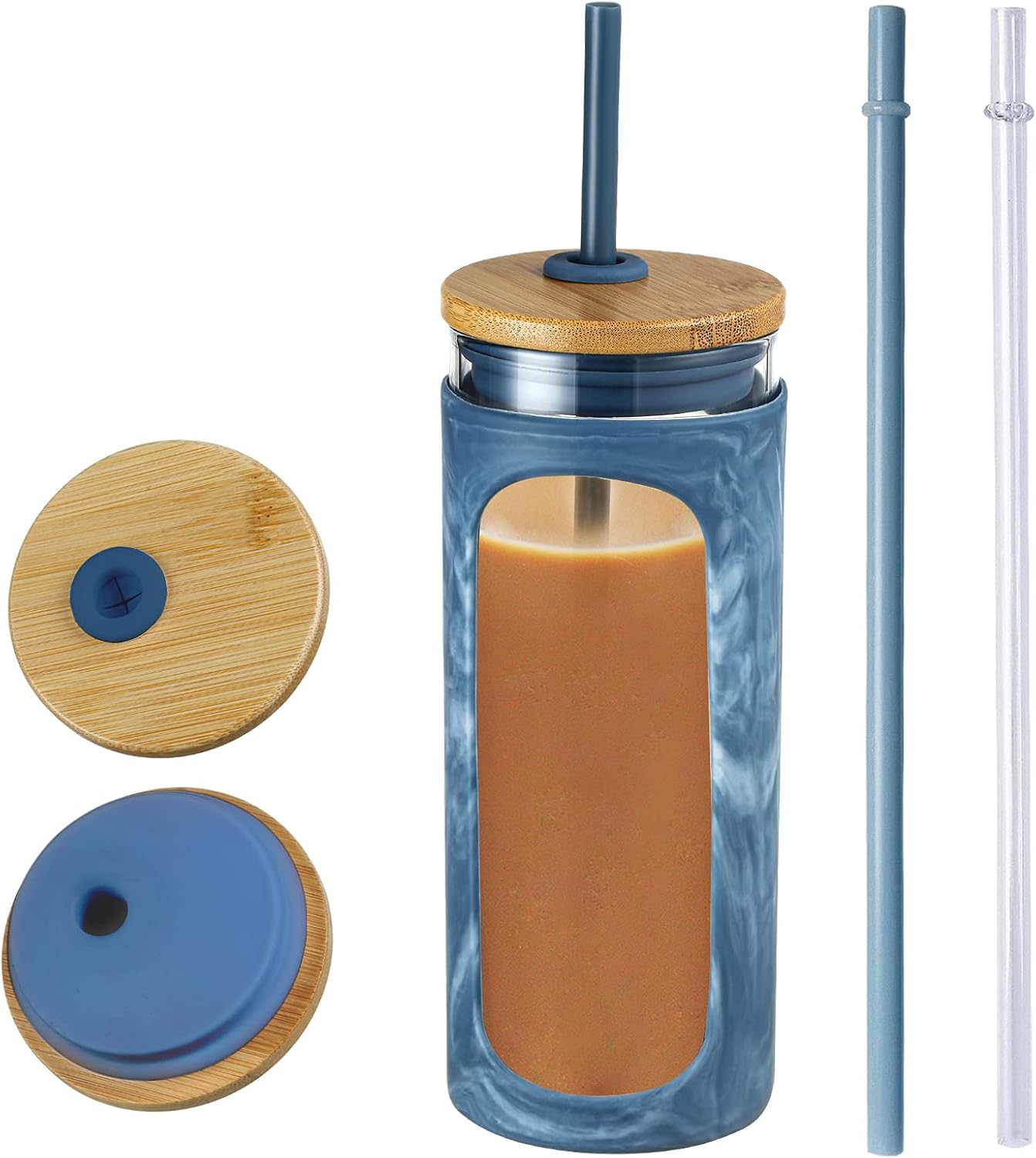 Kodrine 20oz Glass Water Tumbler with Straw and Lid, Bamboo Lids Water Bottle, Iced Coffee Cup Reusable, Wide Mouth Smoothie Cups with Protective Silicone Sleeve BPA FREE-Black - Colors B