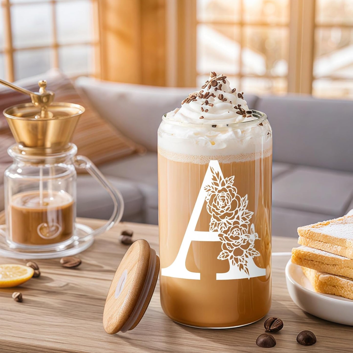 Glass Cups with Lids and Straws: Personalized Initial Glass Cup Be Used As Reusable Iced Coffee Cups with Lids,Cute Matcha Tumbler - The Christmas/Birthday Gifts for Women - M Smoothie Cup