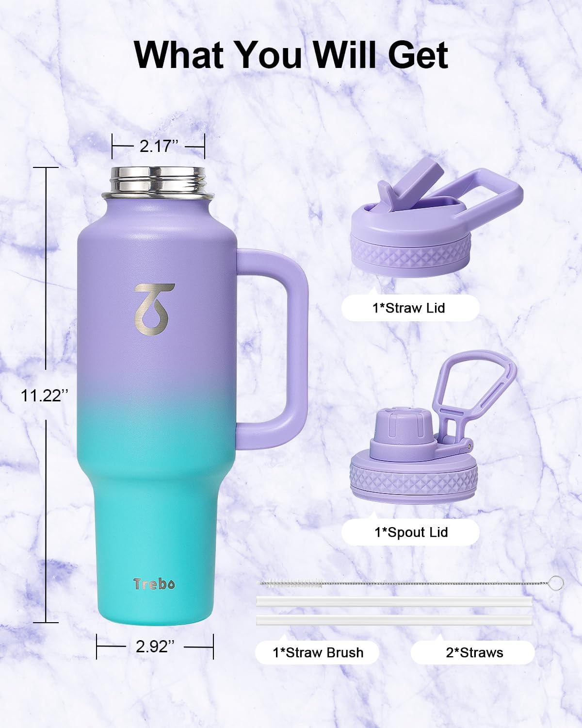 Trebo 40 oz Water Bottle Insulated Fit Car Cup Holder with Handle, Stainless Steel Water Bottles Tumbler with Spout Straw Lids, Double Wall Travel Reusable Flask, Leakproof Mug,Keep Cold &Hot,Black