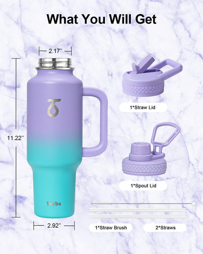 Trebo 40 oz Water Bottle Insulated Fit Car Cup Holder with Handle, Stainless Steel Water Bottles Tumbler with Spout Straw Lids, Double Wall Travel Reusable Flask, Leakproof Mug,Keep Cold &Hot,Black