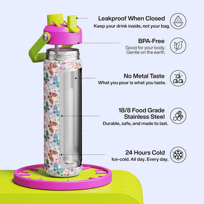 ENCOOL Insulated Water Bottle with Straw Stainless Steel Water Bottle, Leak-Proof, BPA-Free, Double Wall Vacuum Keeps Cold for 24 Hours for Sports, Travel, School (26 oz, Cotton Candy) - Colors D