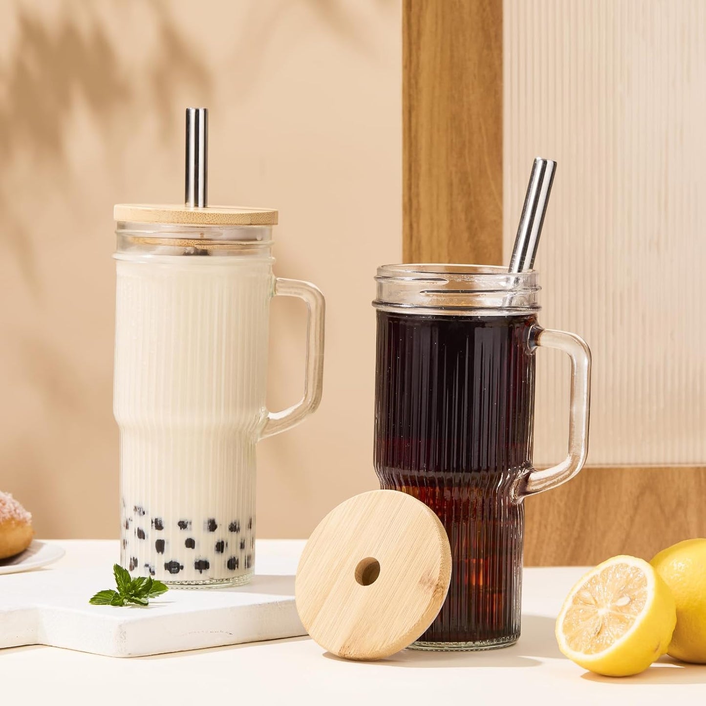 JunVpic Glass Cups with Lids and Straws,24oz Glass Tumbler with Handle Iced Coffee Cup for Coffee,Juice,Tea,Milk,Smoothie,Hot & Cold Drinks (Pink)