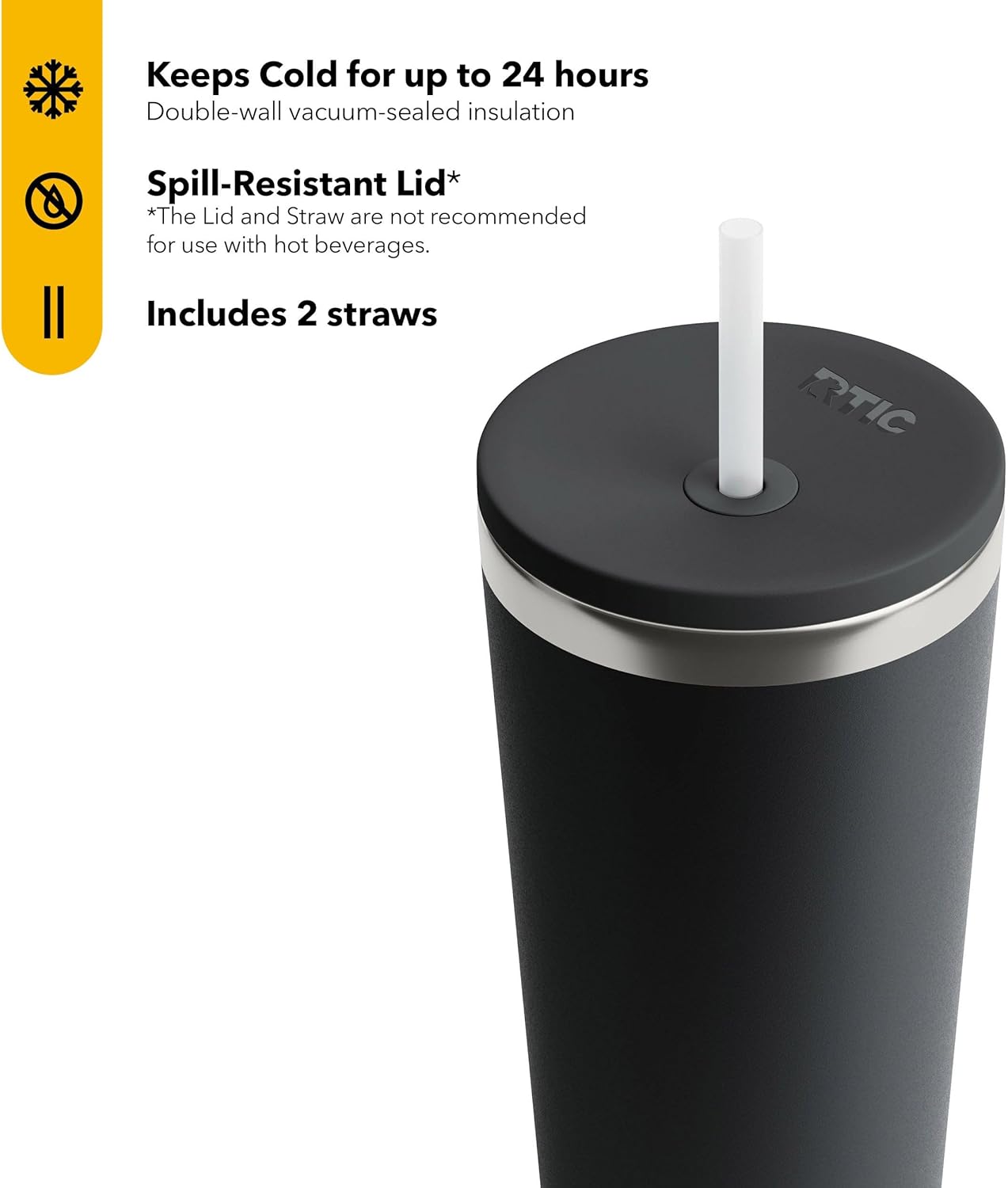 RTIC 20oz Everyday Tumbler Insulated Stainless Steel Portable Travel Coffee Cup with Straw, Ceramic Lining, Spill-Resistant Lid, BPA-Free, Hot and Cold Drink, Beach