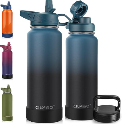 CIVAGO 32 oz Insulated Water Bottle With Straw, Stainless Steel Sports Water Cup Flask with 3 Lids (Straw, Spout and Handle Lid), Wide Mouth Travel Thermal Mug, Black
