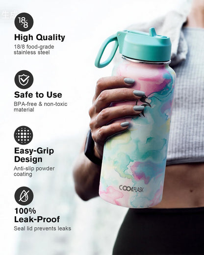 Half Gallon Water Bottle Insulated with Straw & 3 Lids, Coolflask 64 oz Water Jug Large Metal Stainless Steel Wide Mouth for Sports, Gym or Office, Non-BPA Keep Cold 48H Hot 24H, Samurai Cyan