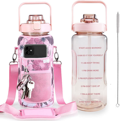 Half Gallon Water Bottle with Sleeve, 64OZ Motivational Water Bottle with Straw & Time Marker, BPA Free Leakproof Gym for Sport Workout