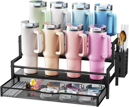 Water Bottle Organizer for Full Stanley 40 oz Tumbler with Handle, 2 Tier Tumbler Organizer for 8 Cups, Kitchen Pantry Organizers and Storage for Owala Stanley Cup Accessories, Brown