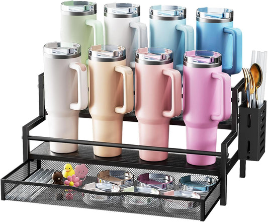 Water Bottle Organizer for Full Stanley 40 oz Tumbler with Handle, 2 Tier Tumbler Organizer for 8 Cups, Kitchen Pantry Organizers and Storage for Owala Stanley Cup Accessories, Brown