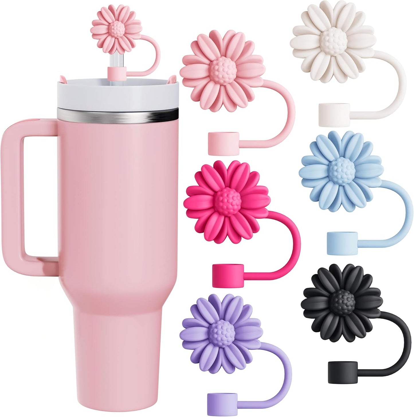 6Pcs Straw Toppers, Cute Flower Straw Covers Cap for Stanley Cup Accessories, 10mm Silicone Drinking Topper for Stanley 30&40 Oz Tumbler Cups