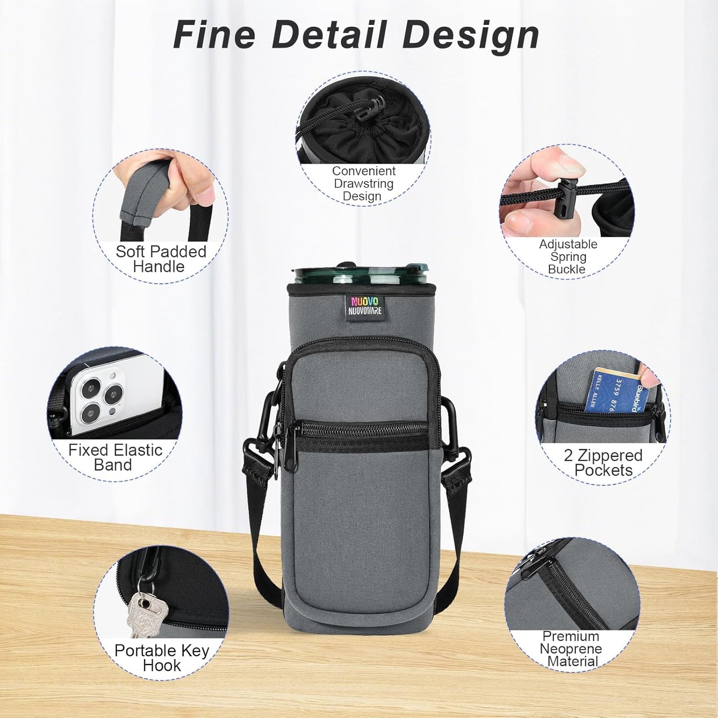 Nuovoware Water Bottle Carrier Bag,25oz/40oz/64oz Bottle Pouch Holder,Adjustable Shoulder Hand Strap 2 Pocket Sling Neoprene Sleeve Sports Accessories for Hiking Travelling Camping