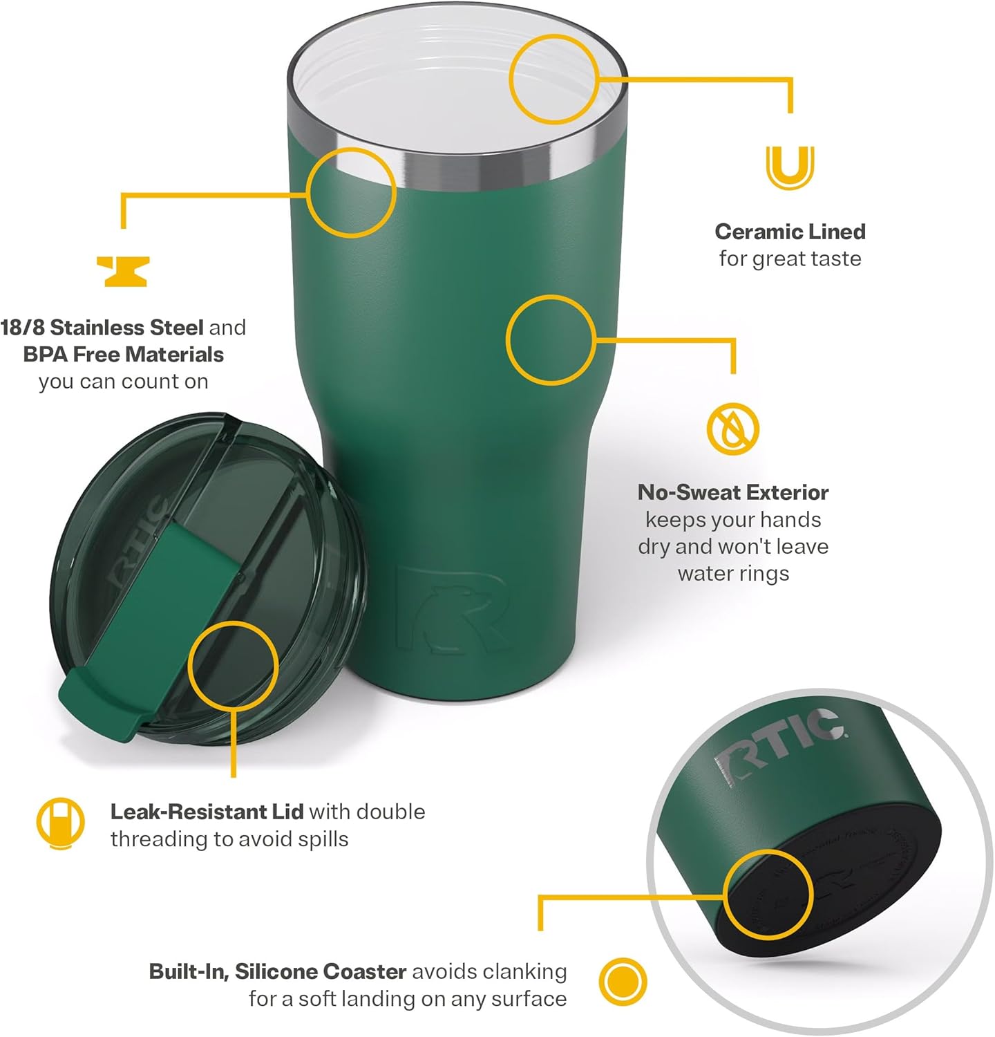 RTIC 20oz Essential Tumbler with Lid, Ceramic Lined, Insulated, Stainless Steel, Metal, Double Wall Vacuum-Insulation, Travel Cup for Iced Coffee, Tea, Hot and Cold Drink, Graphite