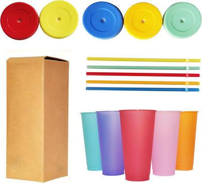 Color Changing Cups, 5 Pack 24oz Plastic Tumblers, Reusable Iced Coffee & Smoothie Cups with Lids and Straws for Parties and Travel