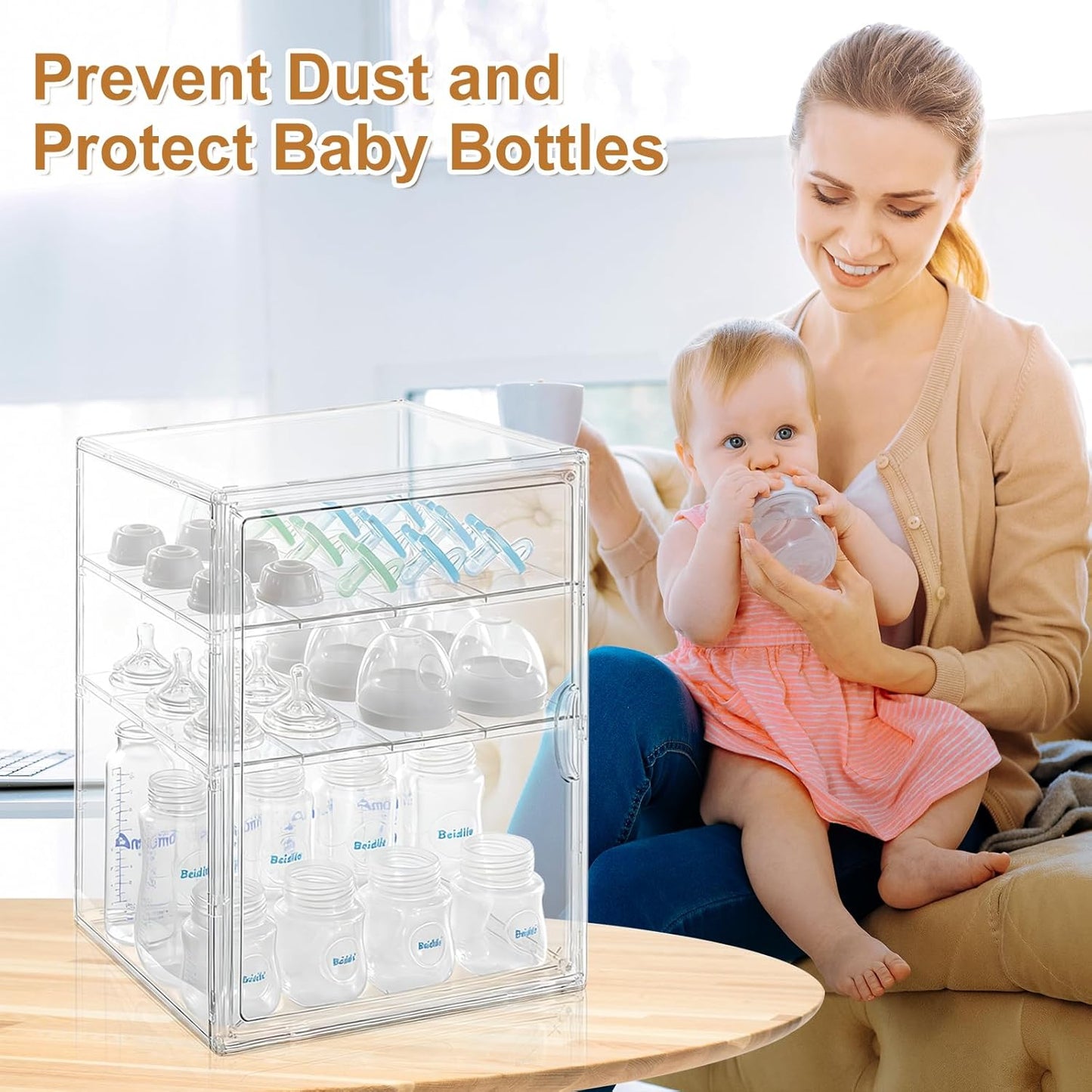 ERTIUANIO Baby Bottle Organizer – 3 Tier Bottle Storage Organizer Baby for Nipples, Pump Parts, Food Jars – Clear Acrylic Bottle Station Organizer for Countertop and Kitchen, Gifts for New Mom