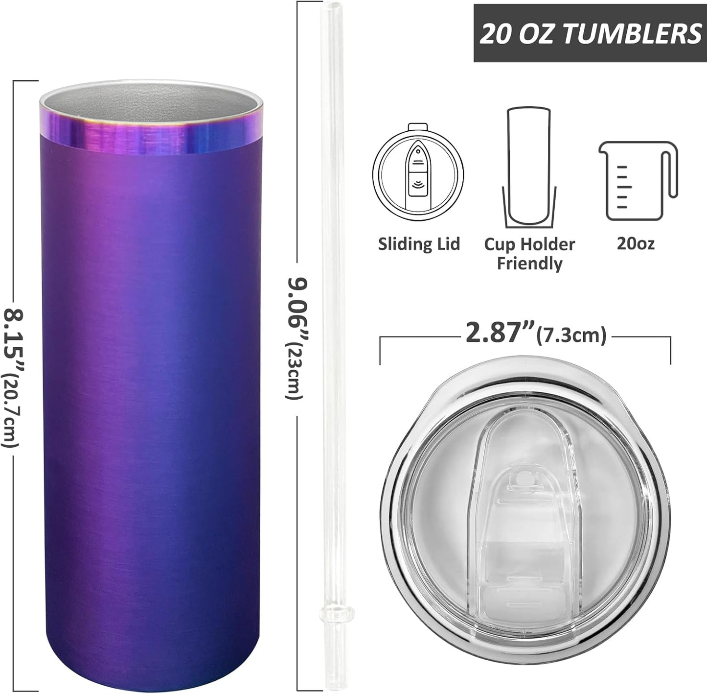 20 oz Skinny Tumblers Bulk, Stainless Steel Insulated Tumbler with Lids and Straws, Slim Double Wall Powder Coated Travel Coffee Mugs Reusable Cup for Hot Cold Drinks (Black,1 pack)