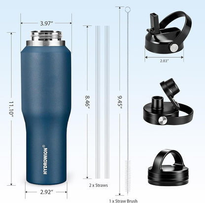 HYDROWION 32oz Stainless Steel Water Bottle(Cold for 48 Hrs, Hot for 24 Hrs),Double Wall Vacuum Insulated Water Bottle with Straw Lid, Spout Lid and Flex Cap, Fit in Any Car Cup Holder,Black