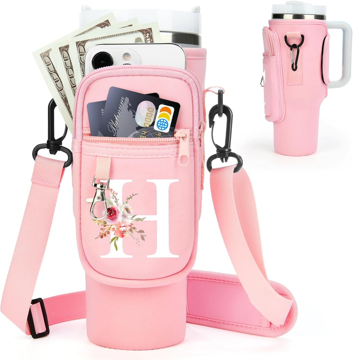 Initial Water Bottle Holder with Strap for Stanley Cup Accessories 40 oz/Simple Modern Tumbler, Birthdays for Women Girls, Water Bottle Carrier Bag with Phone Pocket,Hiking Walking Gym Camping
