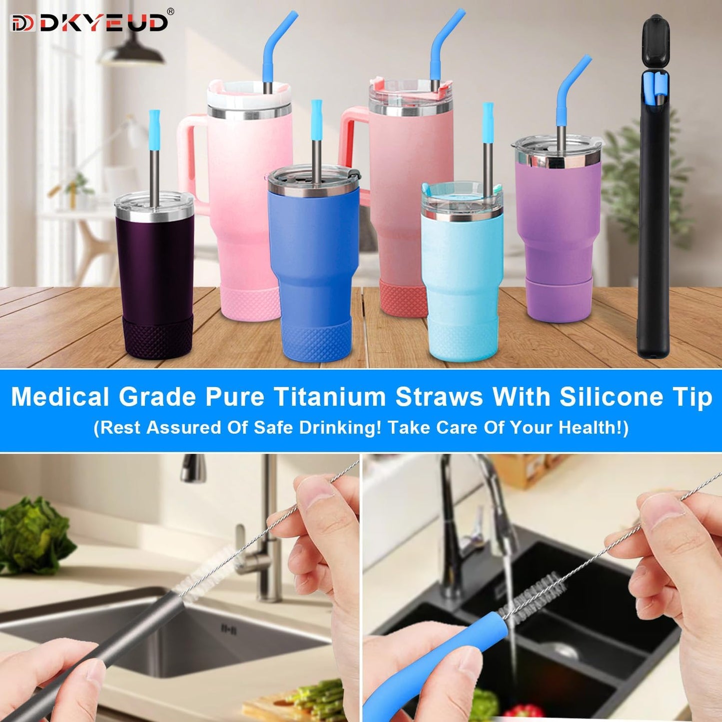 Reusable Stainless Steel Straws Set 6 PCS with 6 Silicone Tips, 2 Straw Brush, 1 Storage Case, Different Sizes of Metal Straws Reusable, Suitable for 14, 20, 30 oz Cups Tumbler, for Hot/Cold Drinks