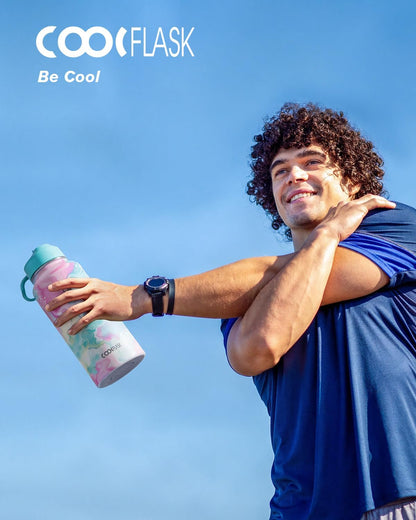 Half Gallon Water Bottle Insulated with Straw & 3 Lids, Coolflask 64 oz Water Jug Large Metal Stainless Steel Wide Mouth for Sports, Gym or Office, Non-BPA Keep Cold 48H Hot 24H, Samurai Cyan