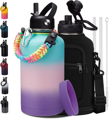 32/40/64OZ Insulated Water Bottle - Keep Cold 48H Hot 24H, Combo Straw/Spout Lids, Paracord Handle for Gym/Hiking, Carrier Bag +Strap, Cup Mat, BPA-Free Stainless Steel Flask Jug