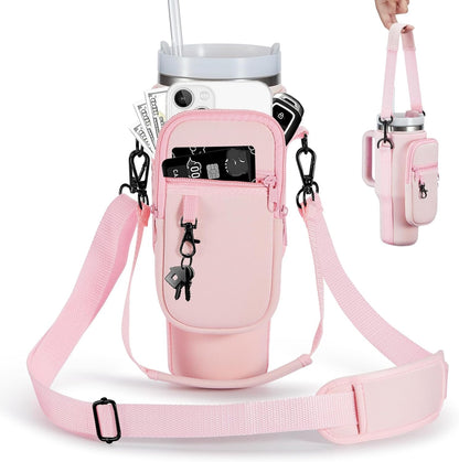 BULKITEM Water Bottle Carrier Bag with Phone Pocket for Stanley 40 & 30 oz Tumbler with Handle,Pink Insulated Neoprene Cup Holder Pouch w/Adjustable Strap for Quencher H2.0 Stanley Cup Accessories