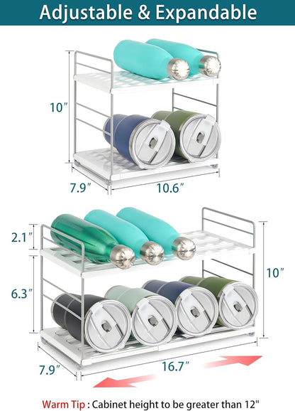 10.6-16.7" Adjustable Width Water Bottle Organizer for Cabinet, 3-Tier Expandable Water Bottle Holder Rack, Cup and Tumbler Storage for Kitchen Organization, Sports Flask, Insulated Travel Mug, Fridge