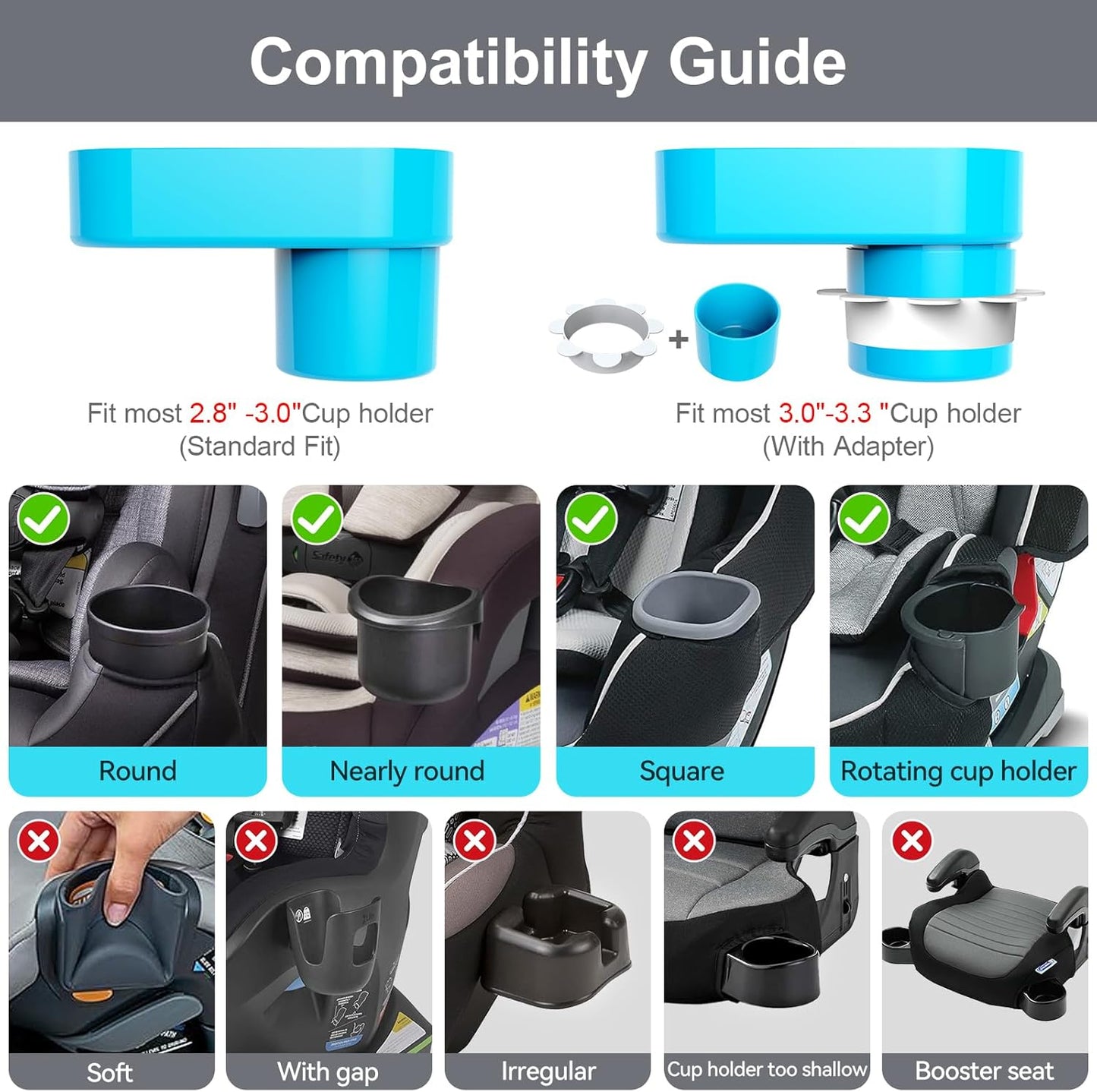 Car Seat Snack Tray for Toddlers - 3 Inch Cup Holder Fits Most Sippy Cups & Straw Bottles with Dip Well, Mess-Free Square Kids Travel Tray Road Trip Essentials, Black