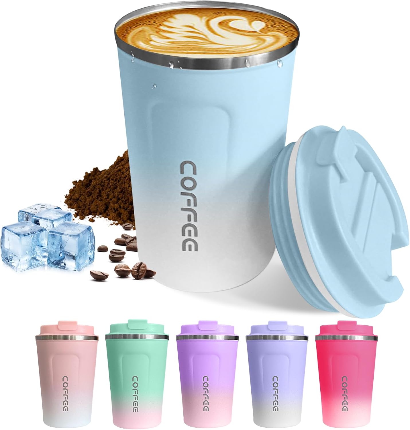 SPLMIFA Travel Coffee Mug Leak-Proof, Reusable Coffee Cups with Lids, Stainless Steel Vacuum Insulated Coffee Tumblers, Thermal Insulation Cup for Men and Women Hot & Cold Drinks(2nd-Green Pink, 12OZ)